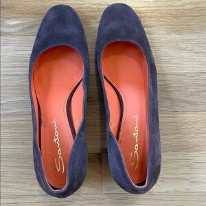 Santoni Dark Brown Suede Round-Toe Flats block heel size 7.5